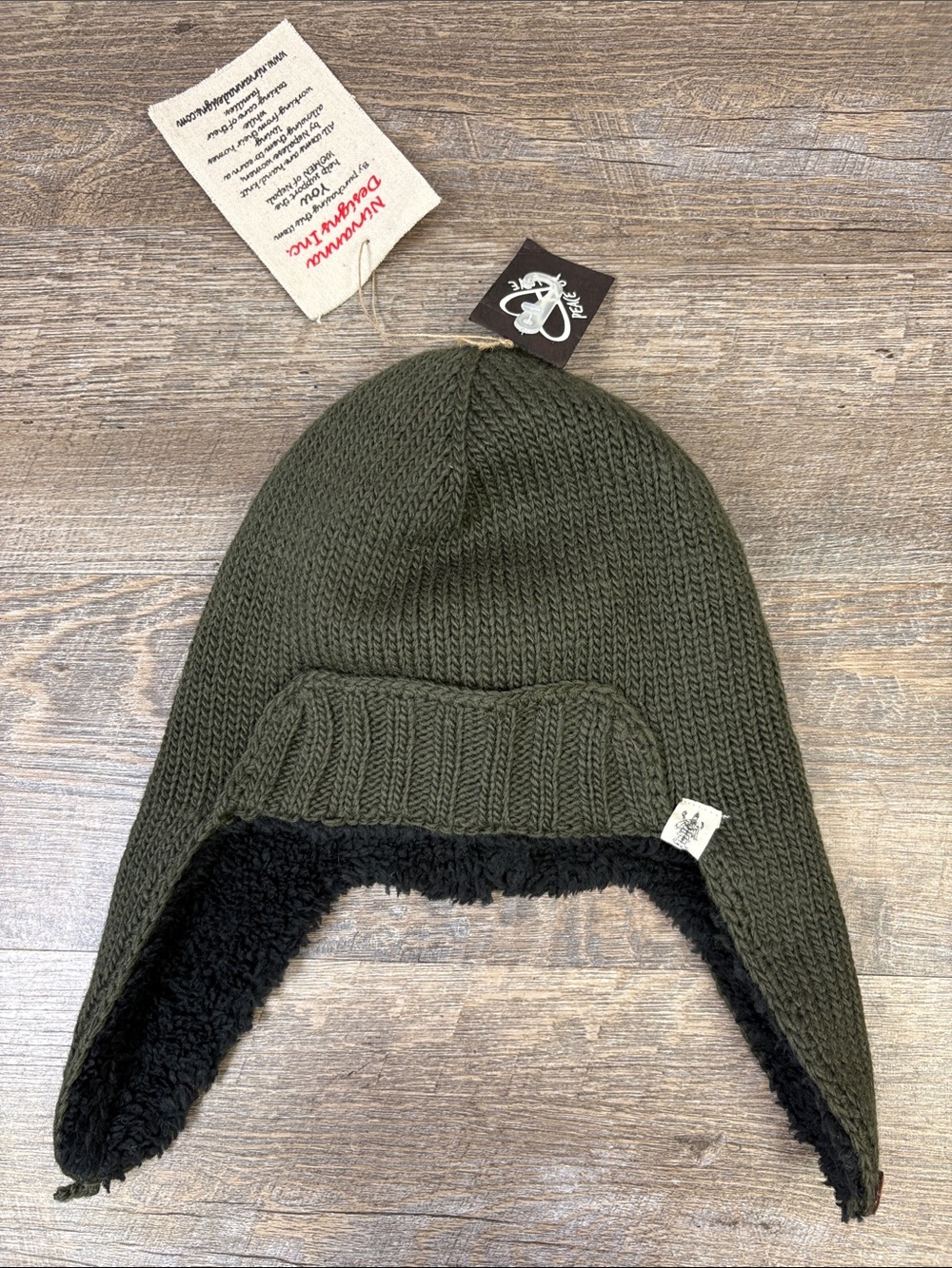 Nirvanna Designs Olive Green 100% Wool Sherpa Lined Earflap Beanie Hat NWT